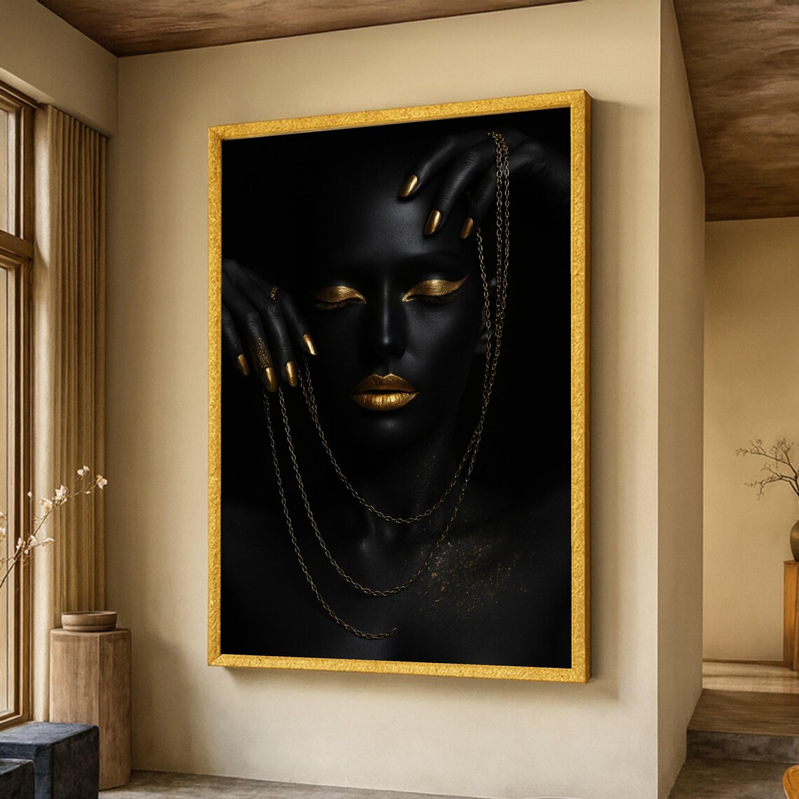 Black and Gold Woman Portrait Golden Lips Chains Luxury Art Poster