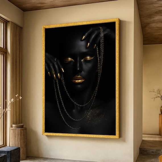 Black and Gold Woman Portrait Golden Lips Chains Luxury Art Poster