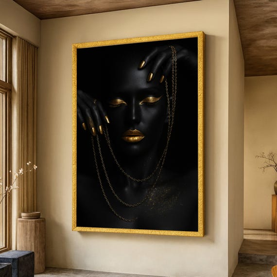 Elegant Black And Gold Portrait Canvas Glamorous Face Art Modern Luxury Wall Decor Artistic Beauty Chain Makeup Design