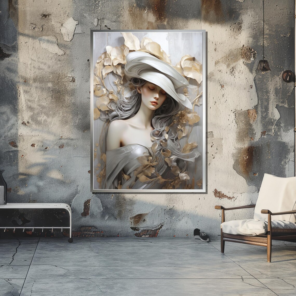 Elegant Woman In White Hat, Surreal Botanical Art Print - Image 5