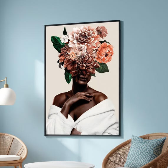 Elegant Woman With Floral Headdress Surreal Portrait Wall Art Coral Flowers And Green Leaves For Boho Botanical Or Modern Decor