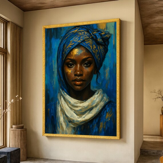 Elegant African Woman Portrait Canvas Blue Headwrap Wall Art Ethnic Female Face Painting Modern Cultural Decor Home Gallery