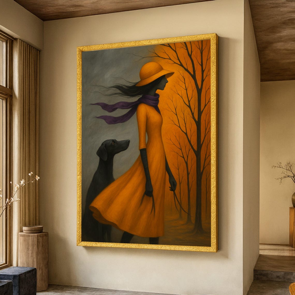 Autumn Whisper Woman In Orange Hat With Black Dog Fall Scene Poster