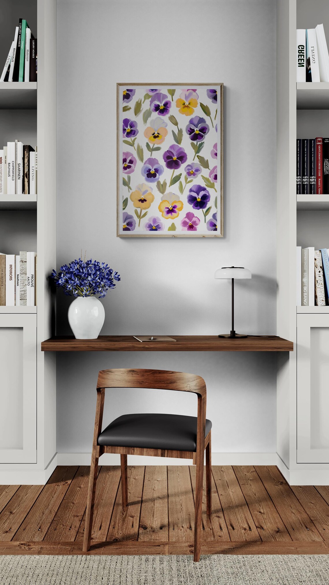Purple Yellow Pansies Scattered Pattern Cream Background Botanical Art Poster - Image 2