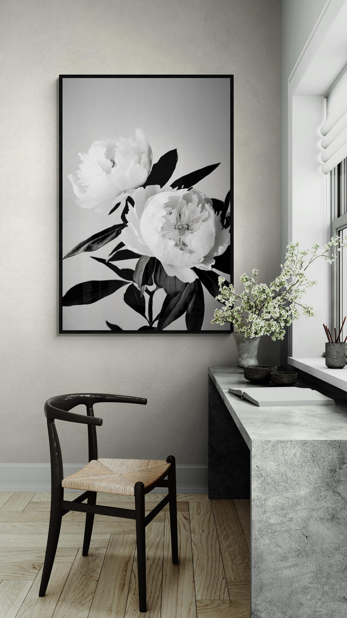 White Peony Stems Black And White Minimalist Floral Art Poster - Image 3