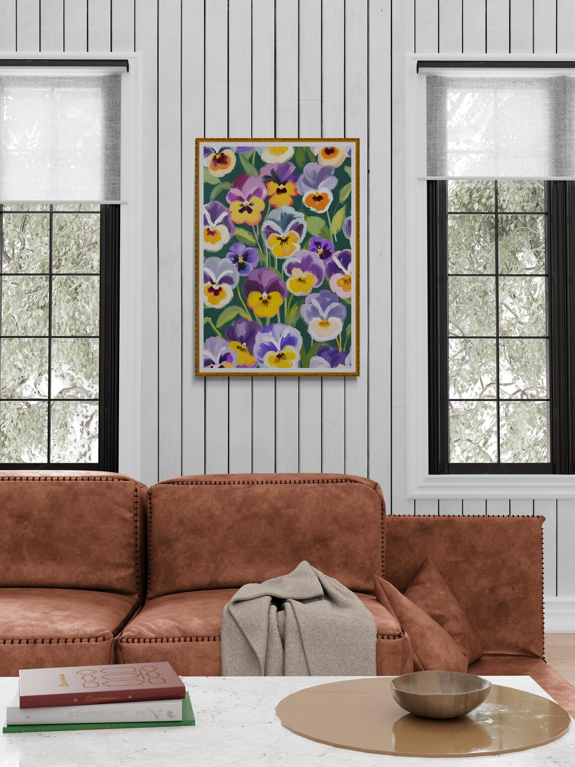 Purple Yellow Pansy Flower Field Painterly Botanical Wall Art Print Poster - Image 2