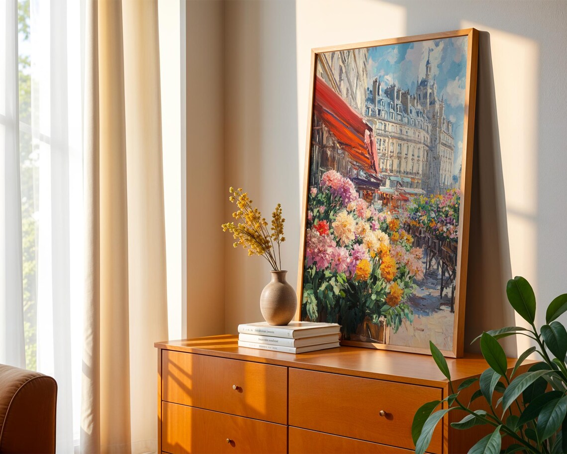 Paris Flower Market Red Awnings Street Sunny Impressionist Travel Poster - Image 2