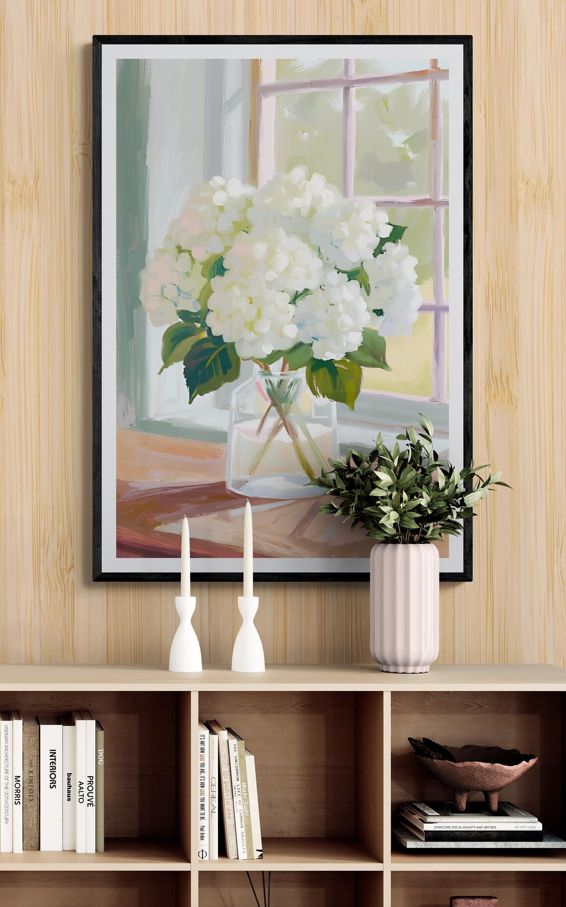 White Hydrangeas Glass Jar Sunlit Window Soft Floral Wall Art Print Poster - Image 3