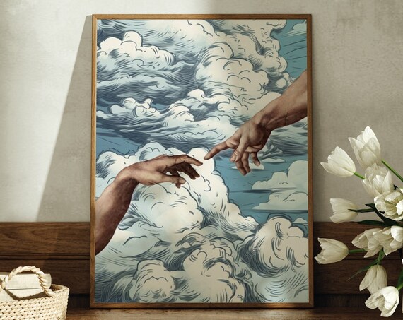 Adams Hand Art Painting Vintage Print Old Painting Antique Clouds Poster Cloud Sky Poster Large Wall Art The Creation Of Adam Retro