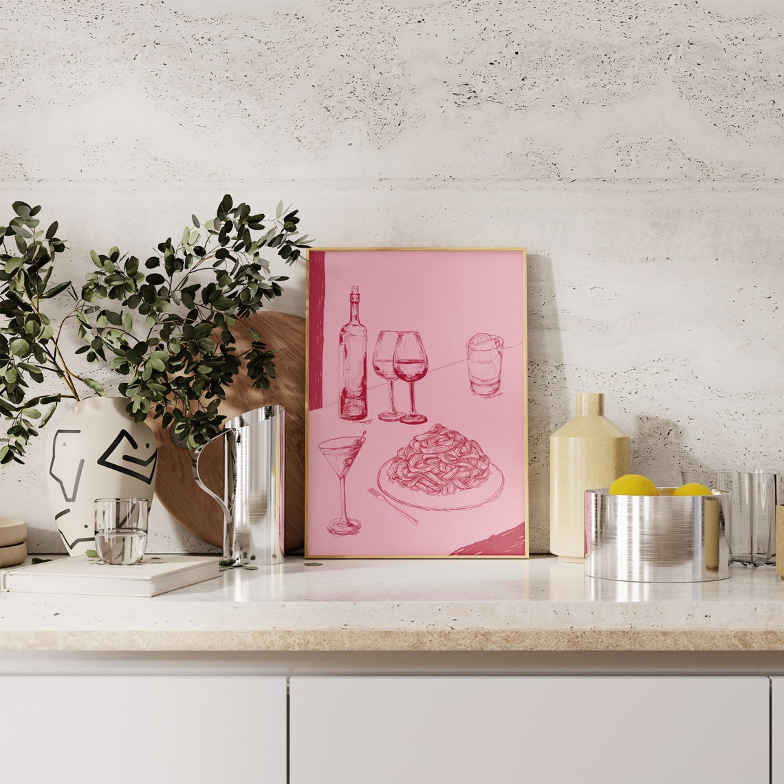 Wine Pasta Cocktail Line Art Pink Retro Chic Kitchen Bar Print - Image 4