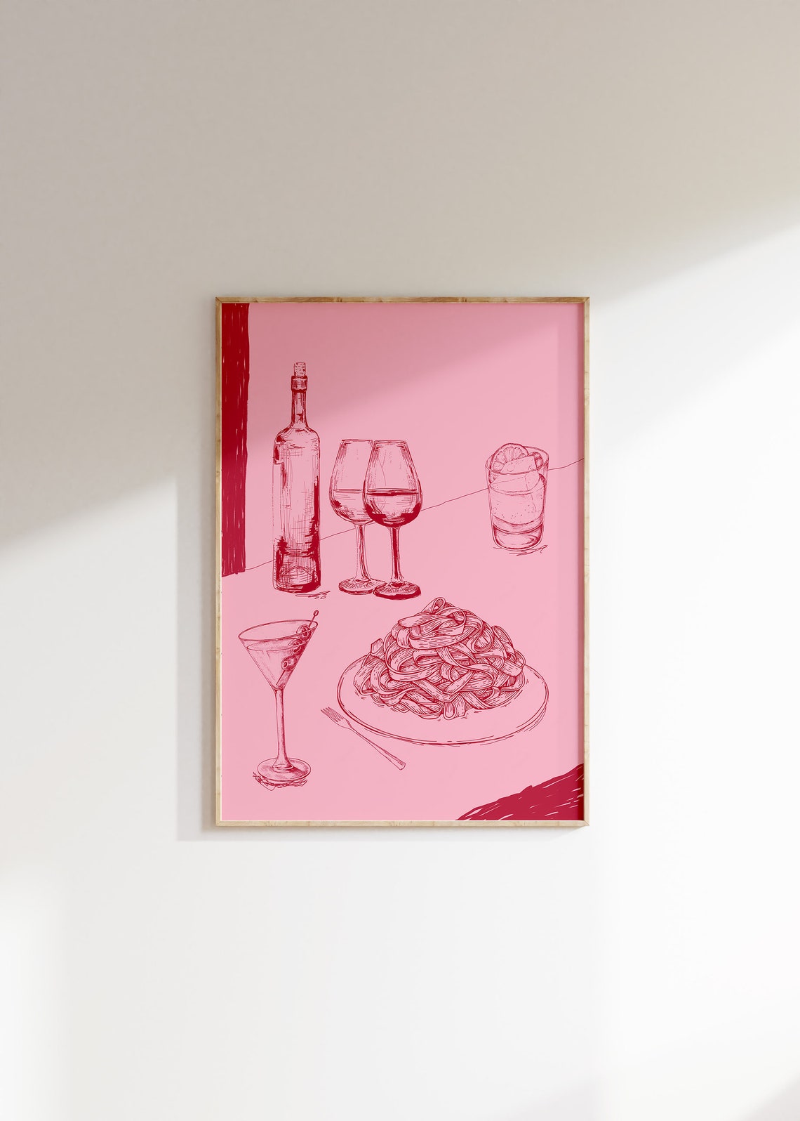 Wine Pasta Cocktail Line Art Pink Retro Chic Kitchen Bar Print