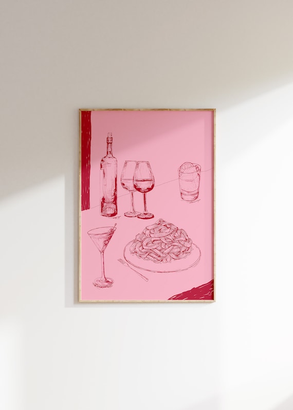 Wine Pasta Cocktail Line Art Pink Retro Chic Kitchen Bar Print