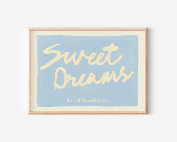 Sweet Dreams Horizontal Print Cute Bedroom Wall Art Baby Blue Pastel Poster Trendy Retro Aesthetic Kids Bedroom Decor Physical Print