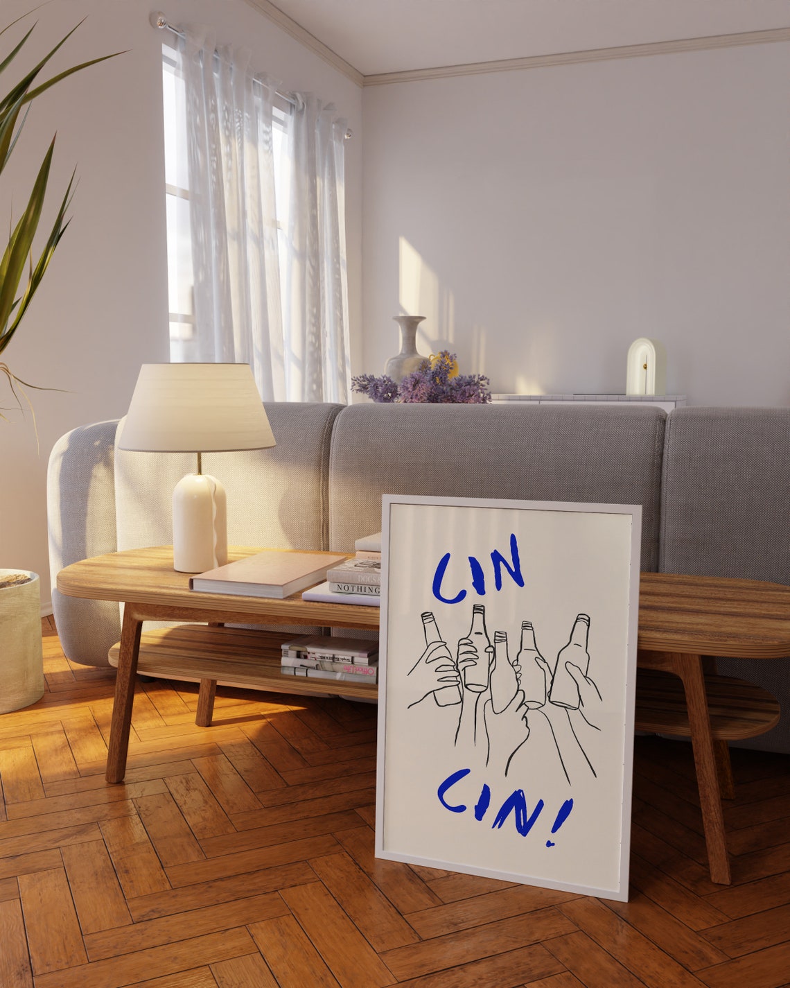 Cin Cin Cheers Clinking Bottles Blue Line Art Celebration Poster - Image 2