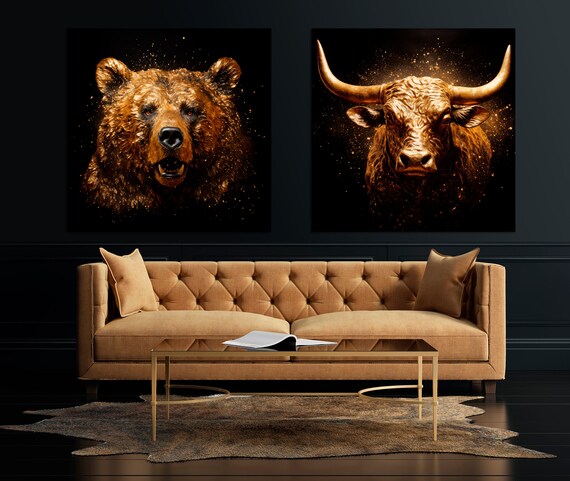 Golden Bull and Bear Heads Black Background Luxury Wall Art Poster