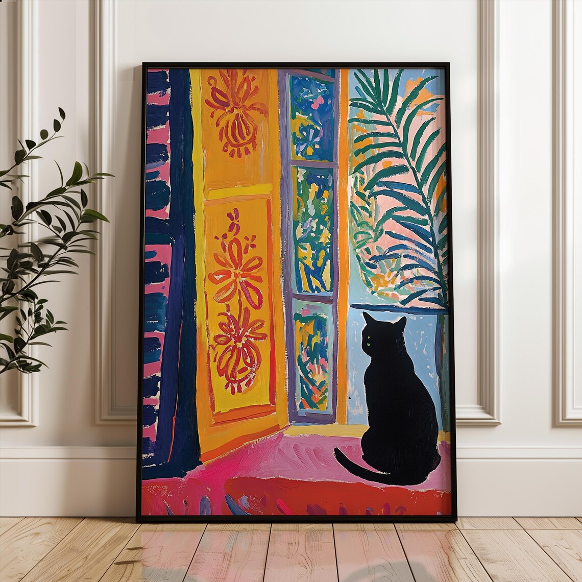 Matisse Style Black Cat by Vibrant Colorful Orange Door Poster