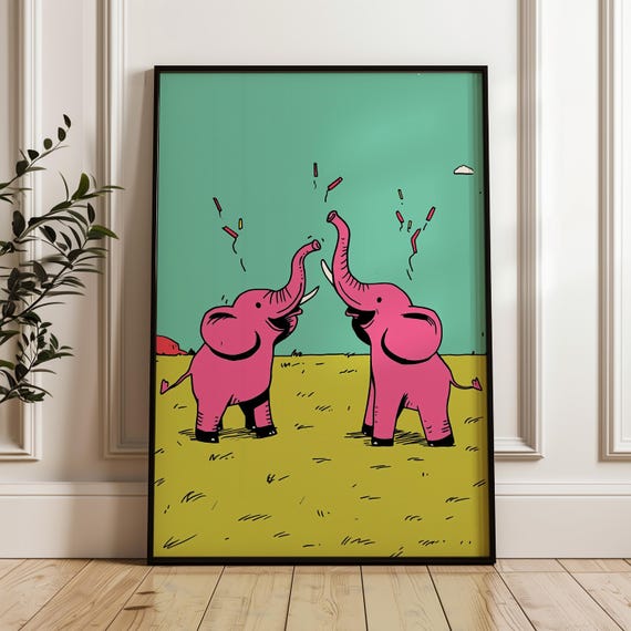 Pink Elephant Poster Funny Comedy Animal Art Print Nursery Decor Vintage Unique Artsy Comical Kids Room