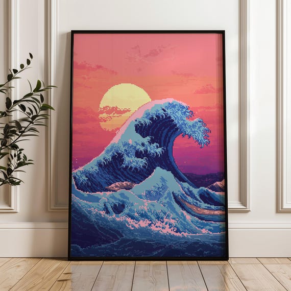 Hokusai Poster Waporwave Art Japanese City Pop The Great Wave Pixel Retro Demake