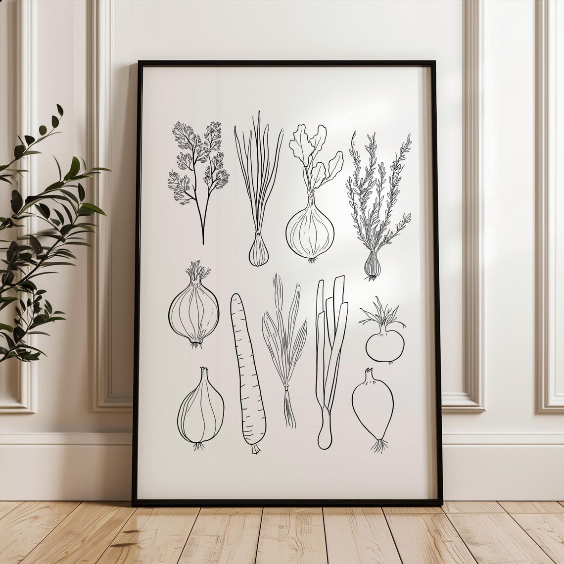 Black and White Vegetable Line Art Botanical Minimal Kitchen Poster