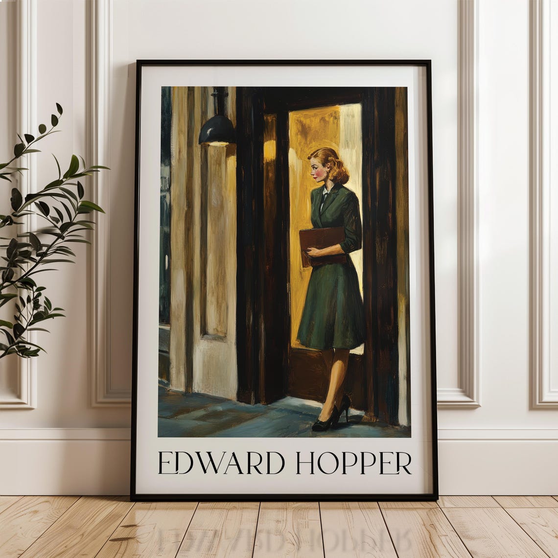 Edward Hopper Woman In Green Dress At Golden Glowing Doorway Poster