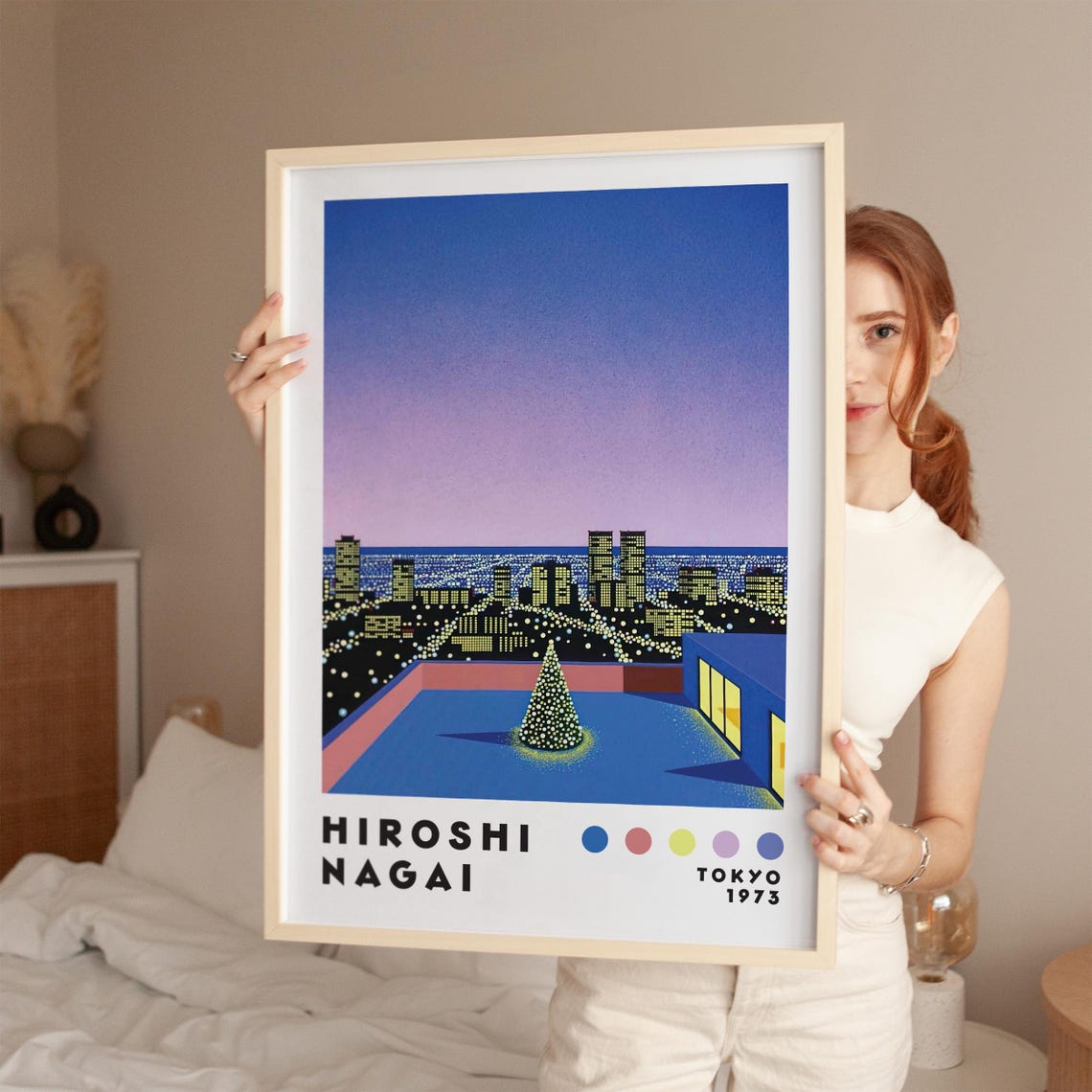 Hiroshi Nagai Night Metropolis High-Rise Pool Violet Sky Art Poster