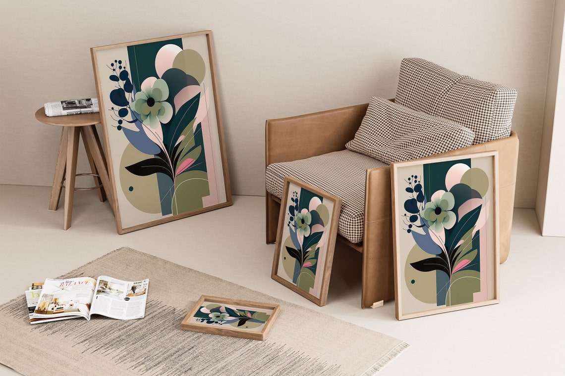 Sage Green Botanical Abstract Flower Modern Geometric Art Poster - Image 2