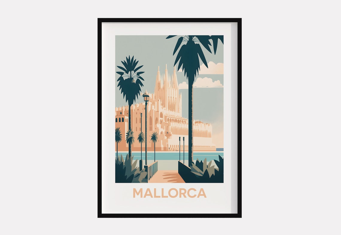 Mallorca Palma Cathedral Palm Trees Beige Minimalist Travel Poster