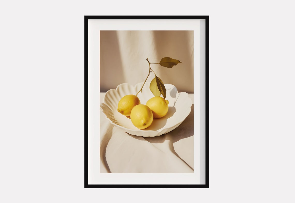 Lemons Still Life White Bowl Citrus Photography Kitchen Art Poster