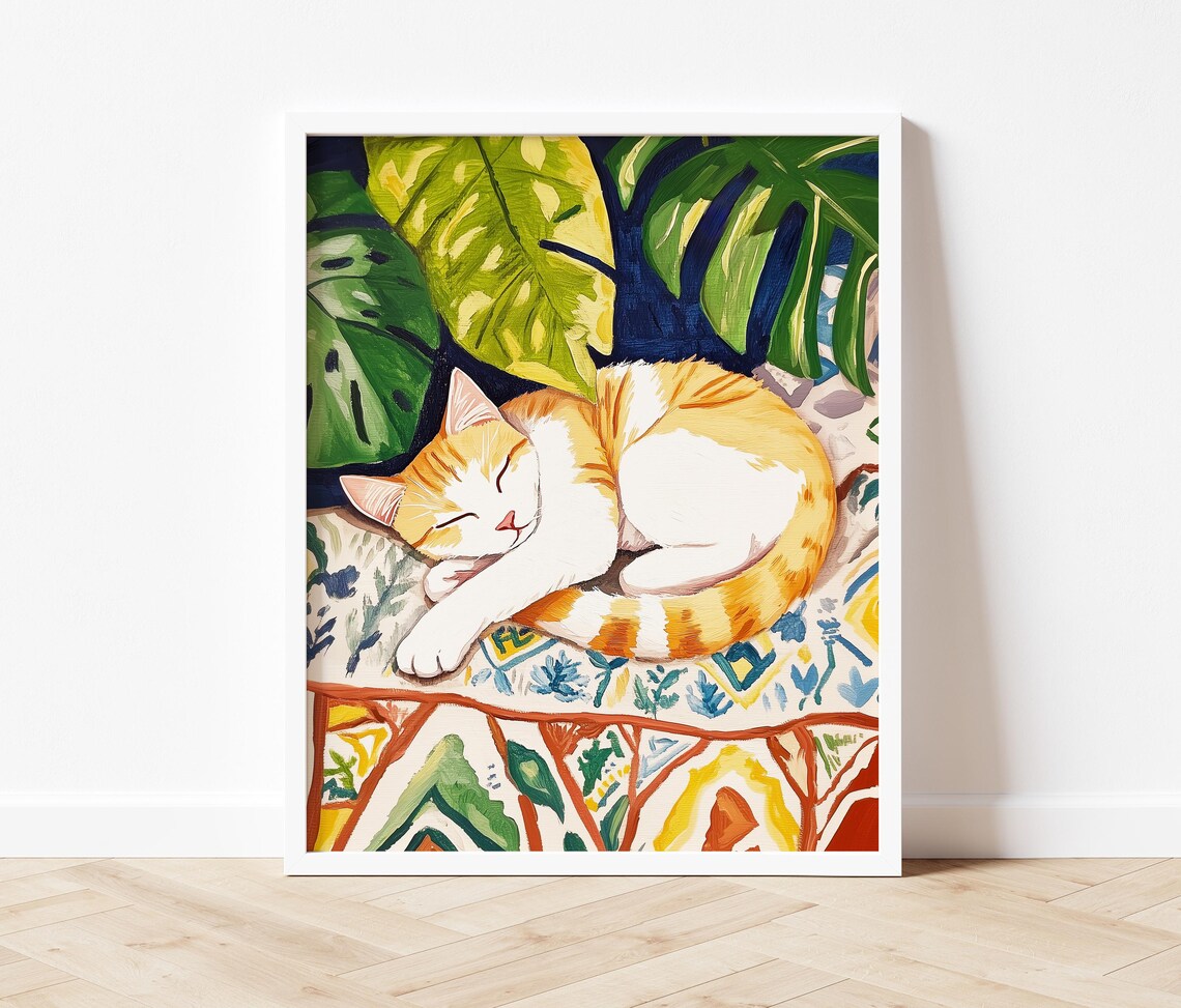 Sleeping Orange Tabby Cat On Colorful Patterned Blanket Art Poster - Image 2