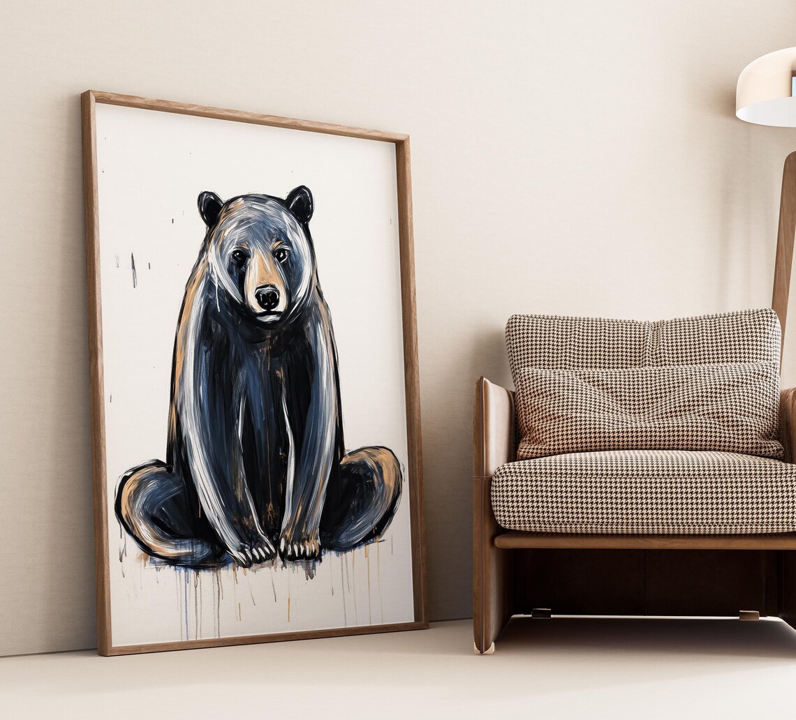 Seated Black Bear Ink Sketch on White Minimalist Background Poster - Image 4