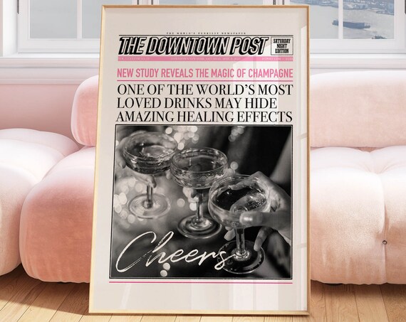 Newspaper Poster Retro Decor Trendy Retro Wall Art Champagne Wall Art Bar Cart Decor Cute Apartment Decor Bar Cart Prints Funky Wall Art