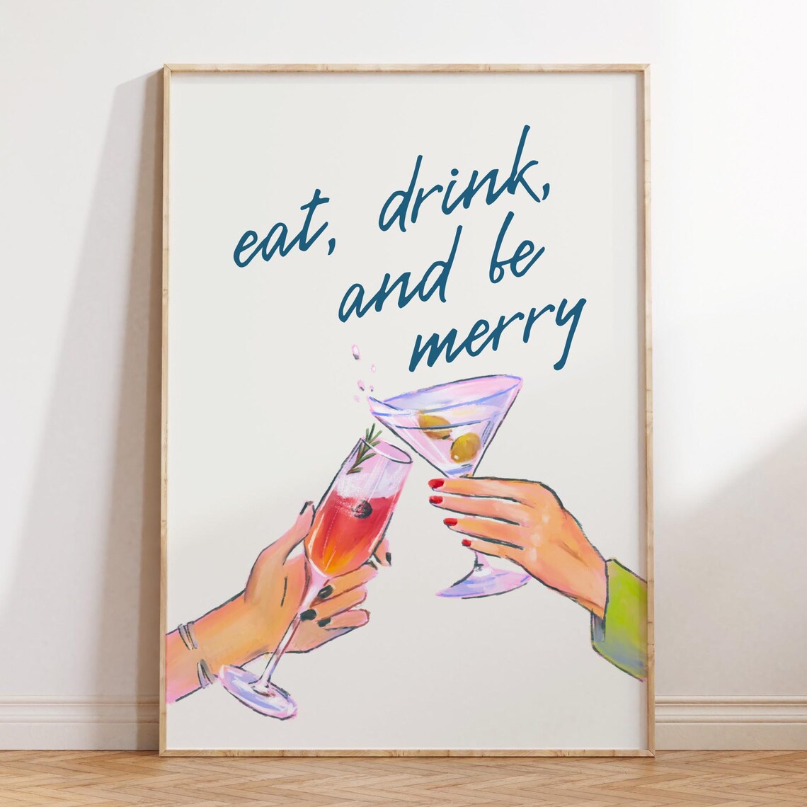 Eat Drink and Be Merry Navy Script Toast Cocktail Cheers Celebration Poster