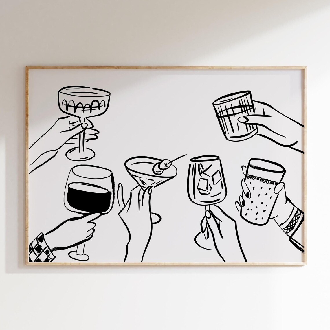 Black Line Art Cheers Toast Cocktail Glasses Modern Party Poster