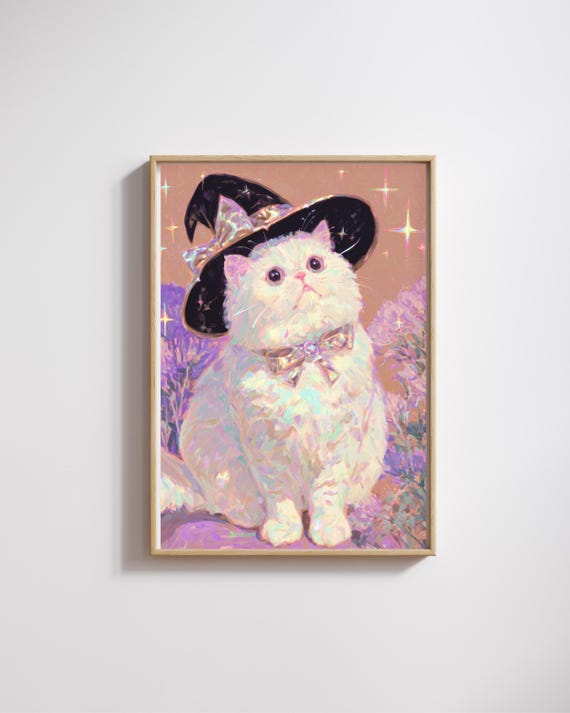 Cozy Fall Cat Art Print Witch Hat Halloween Decor