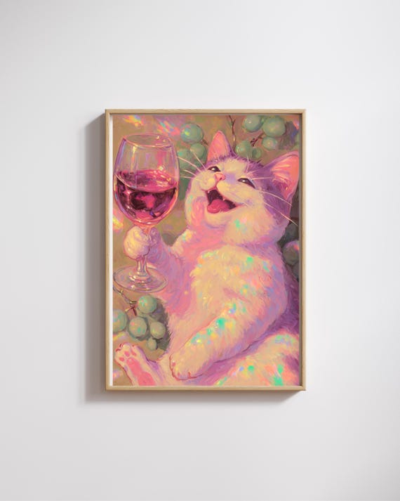 Funny Cat With Wine Poster Drunk Printcozy Lover Gift Kitchen Postercheers Printdigital
