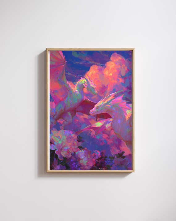 Two Iridescent Dragons in Pastel Sunset Sky Fantasy Art Poster