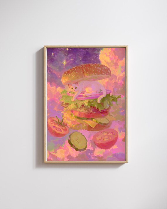 Cat Kitchen Poster Burger Posterfunny Print Surreal Food Decor Cute Pet Lover Gift