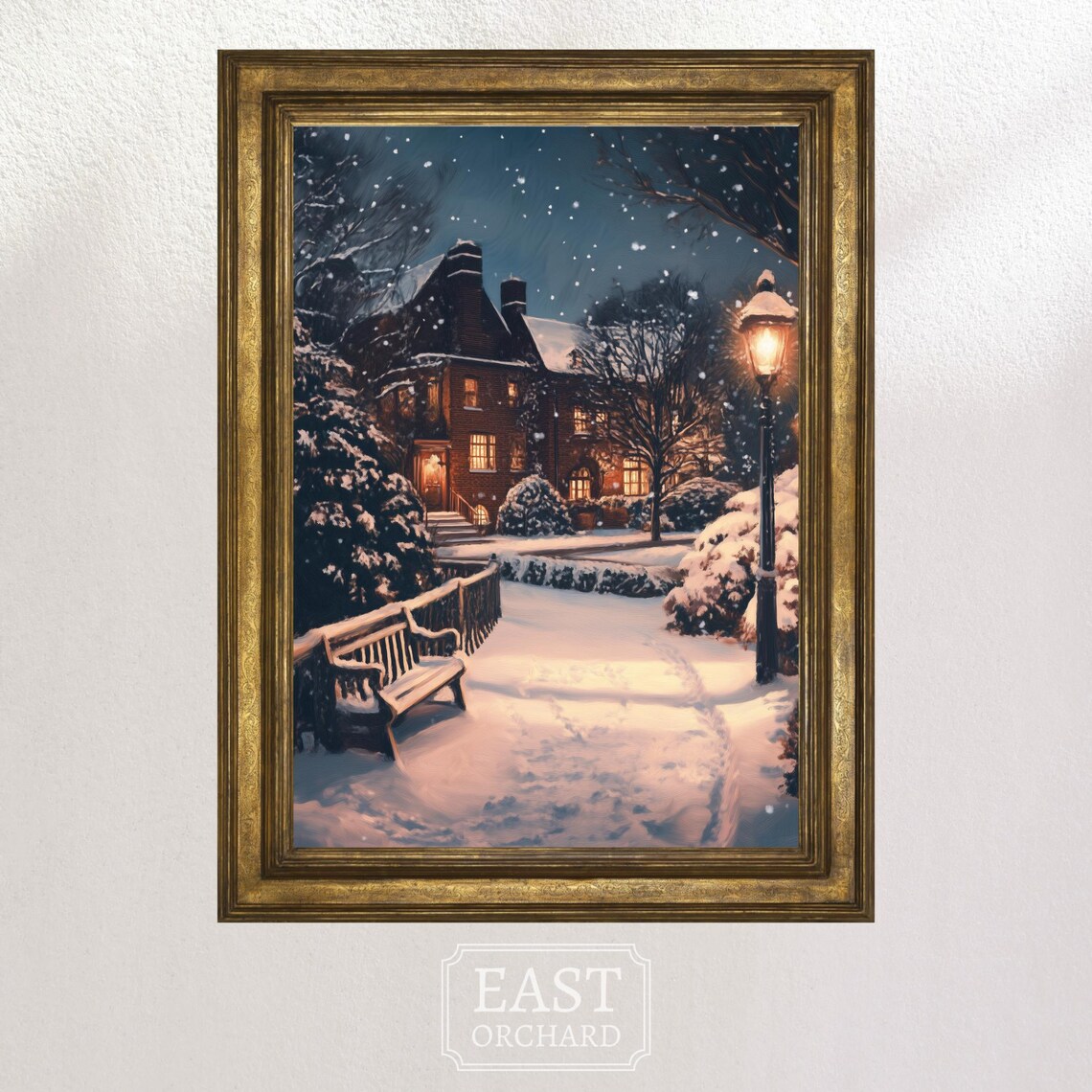Snowy Winter Night Brick House Glowing Lamp Vintage Christmas Poster - Image 2