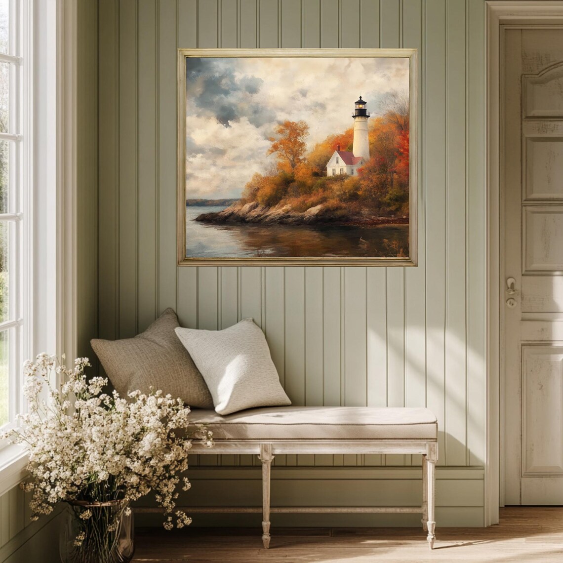 White Lighthouse Keeper Cottage Fall Foliage Rocky Coast Painting Poster - Image 2