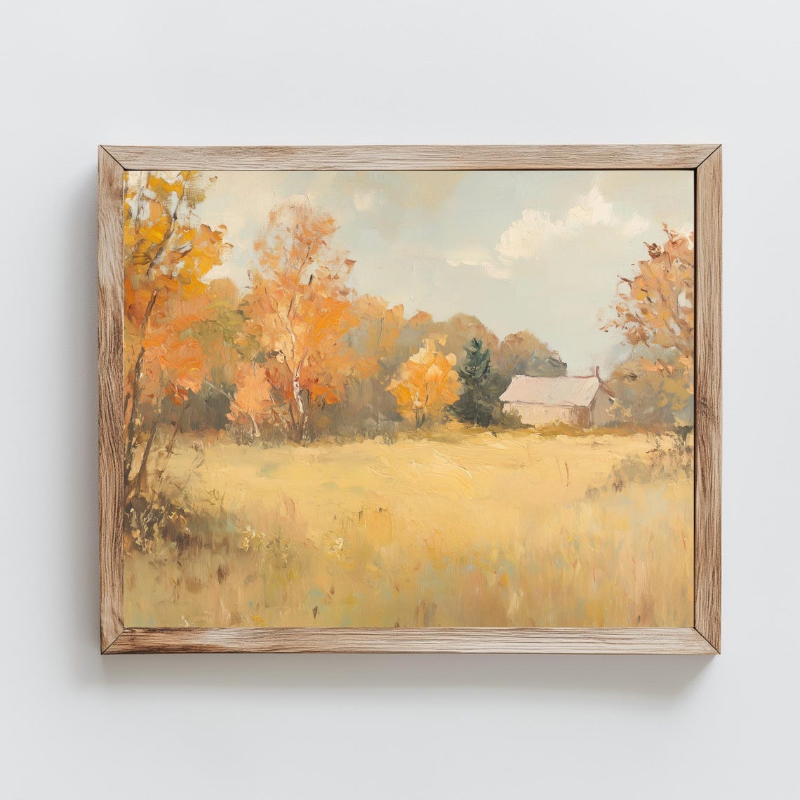 Autumn Meadow Orange Trees White Farmhouse Vintage Landscape Poster