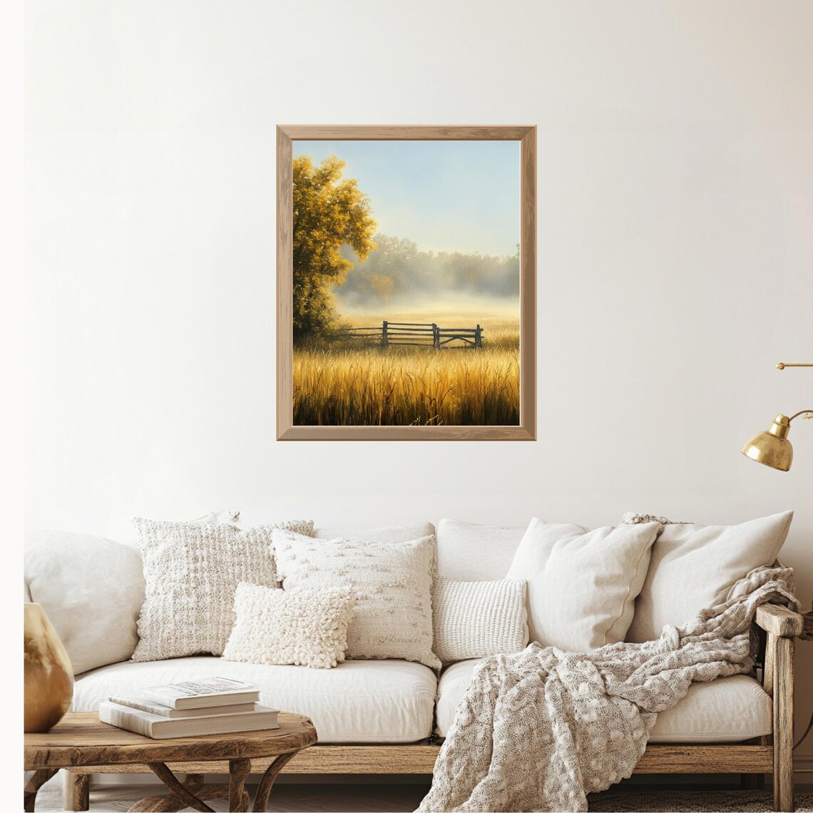 Golden Wheat Field Wooden Gate Misty Morning Vintage Landscape Poster - Image 2