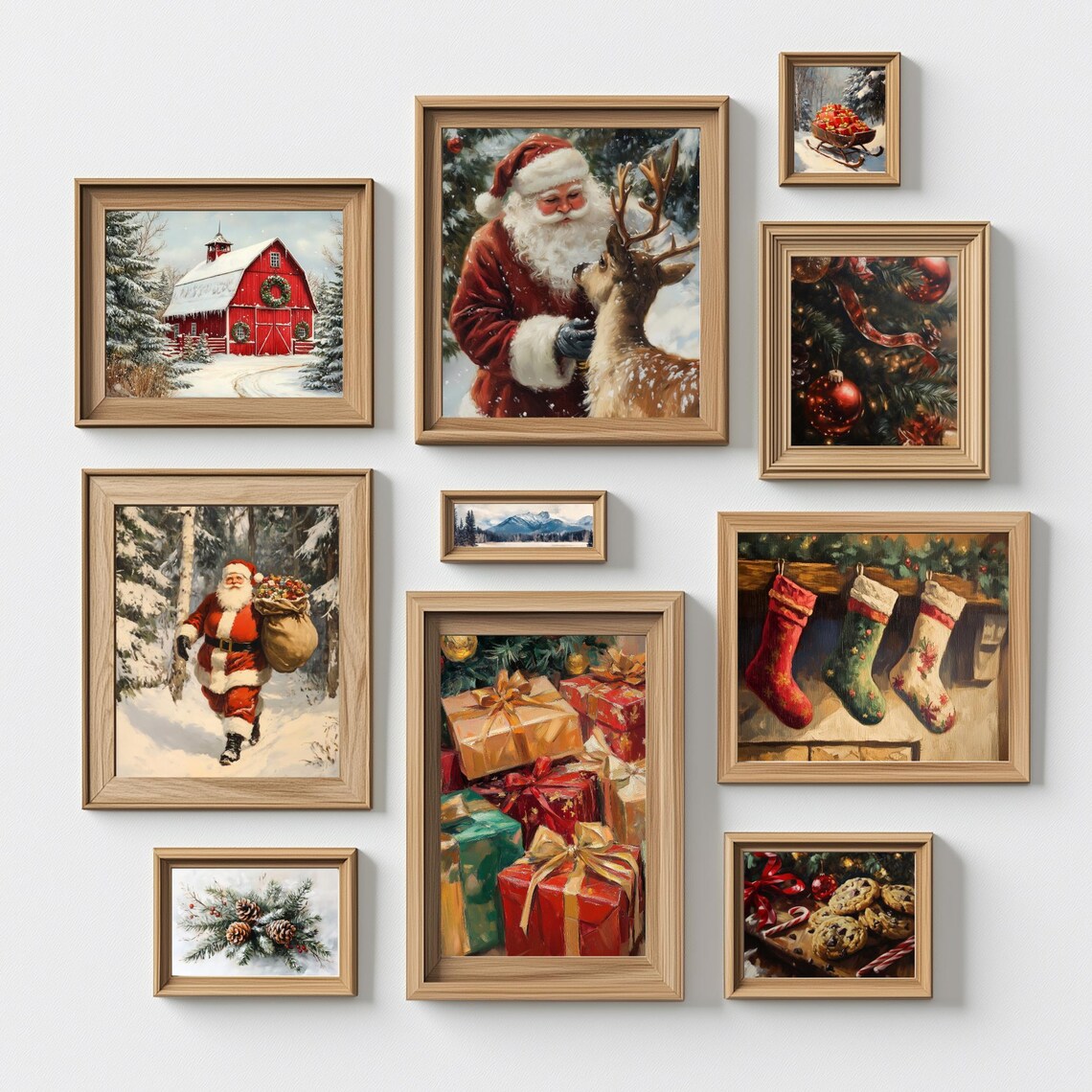 Vintage Christmas Print Set of 10 Santa Reindeer Winter Gallery Wall