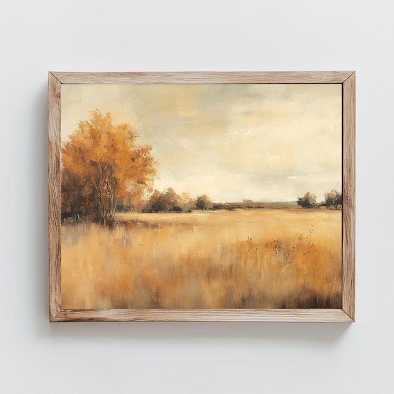 Golden Autumn Field Russet Tree Hazy Minimalist Fall Landscape Poster