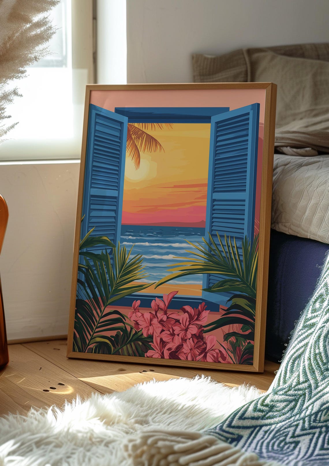 Blue Shutter Window View Over a Tropical Beach Sunset Poster - Image 3