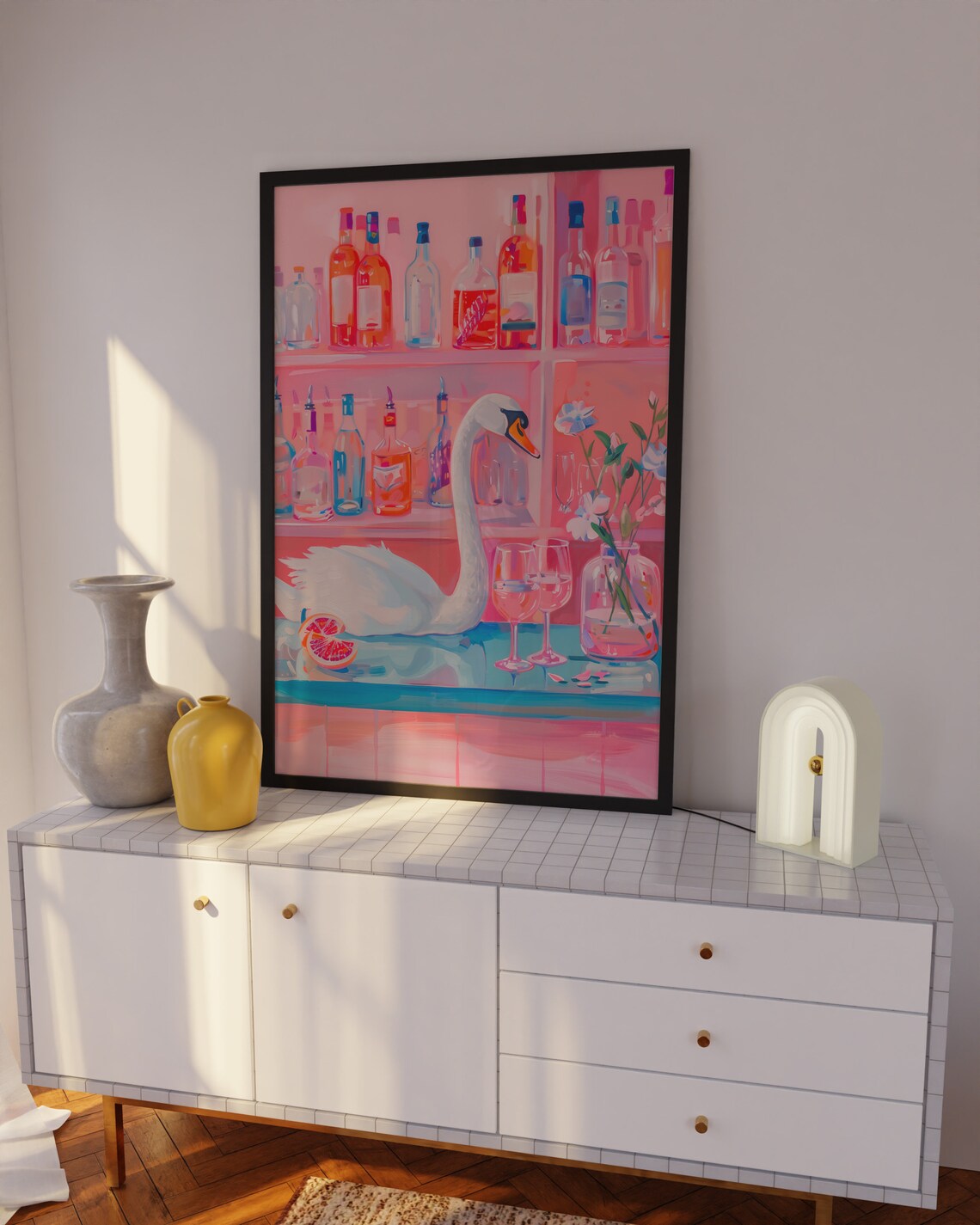 Dreamy Pink Bar Poster with White Swan and Colorful Cocktail Bottles - Image 3