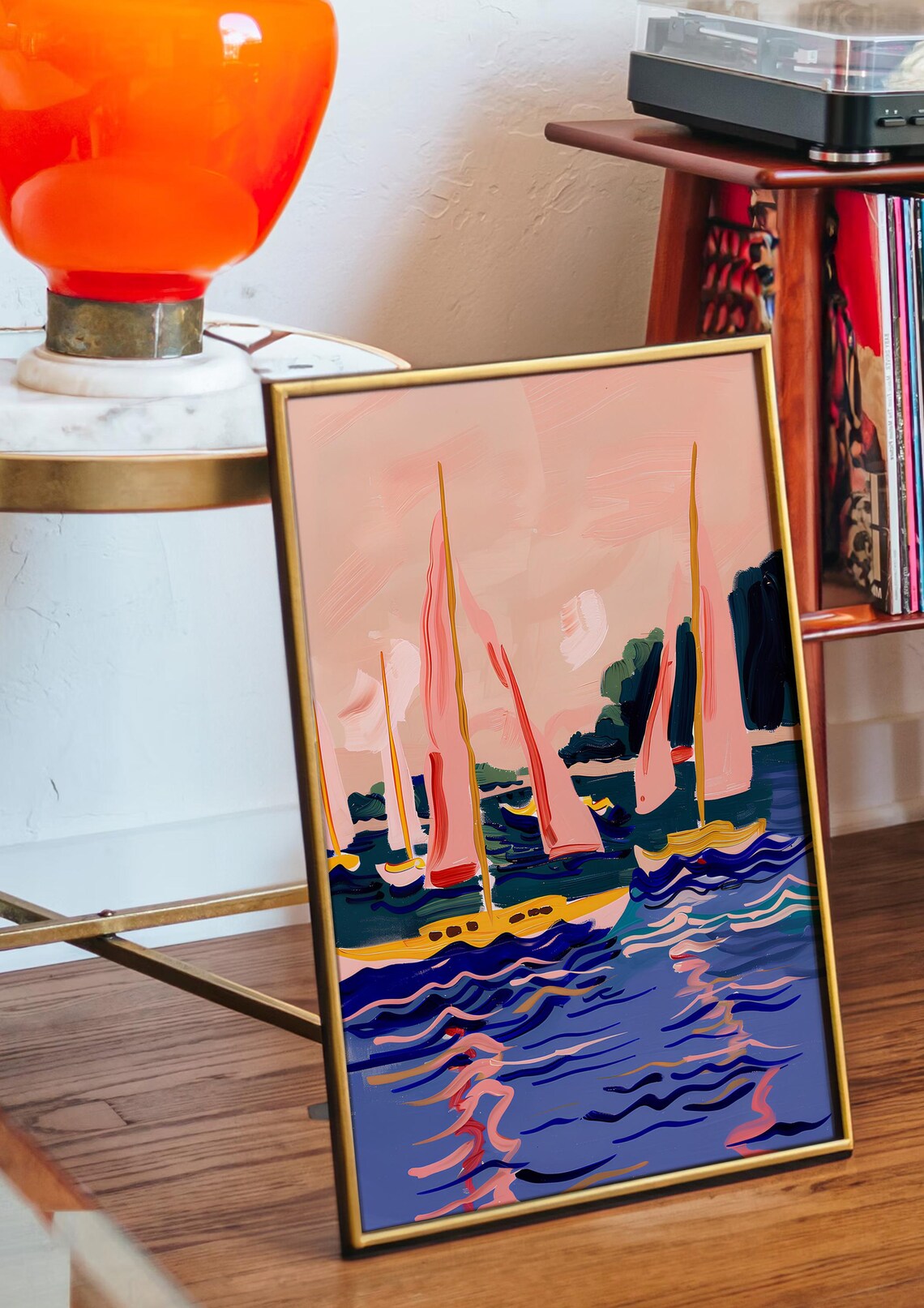 Sailboats with Pink Sails on Blue Water Regatta Scene Poster - Image 4