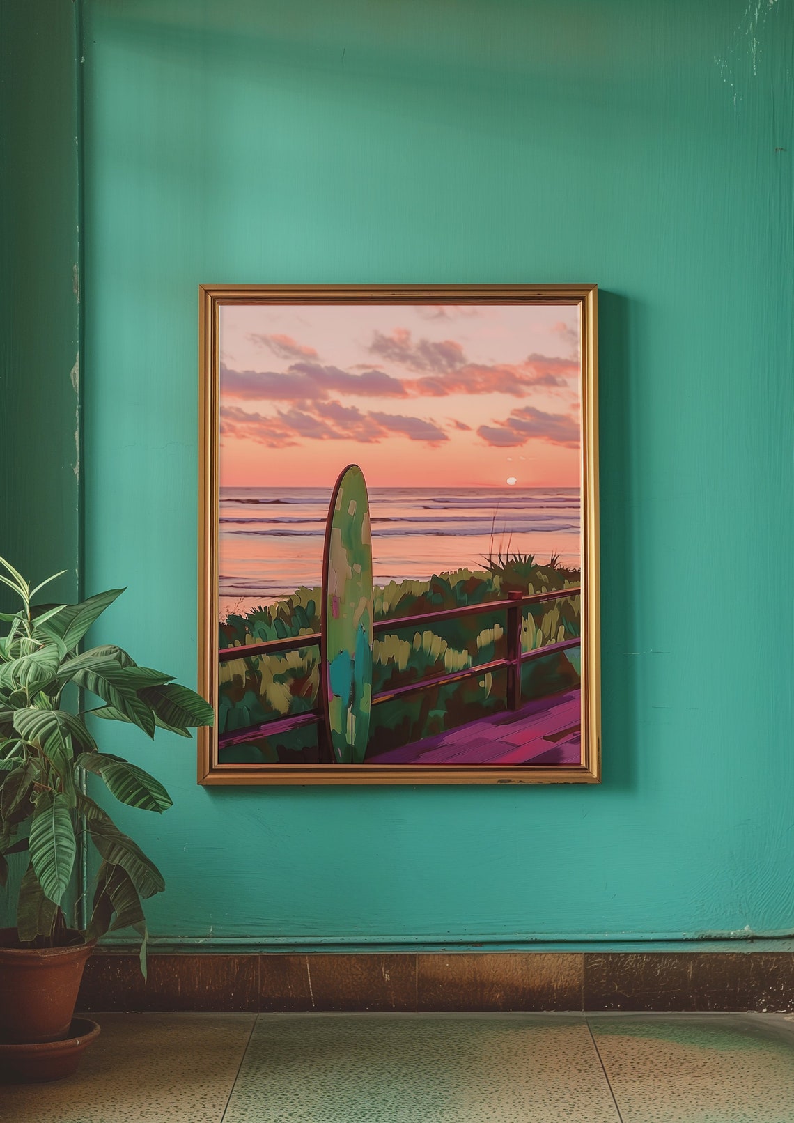 Surfboard Sunset Beach Ocean Dune Fence Serene Travel Poster - Image 3