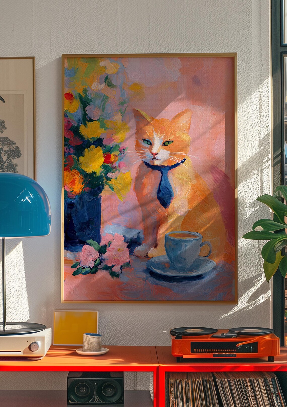 Ginger Cat in a Blue Tie with Flowers and a Coffee Cup Poster - Image 3