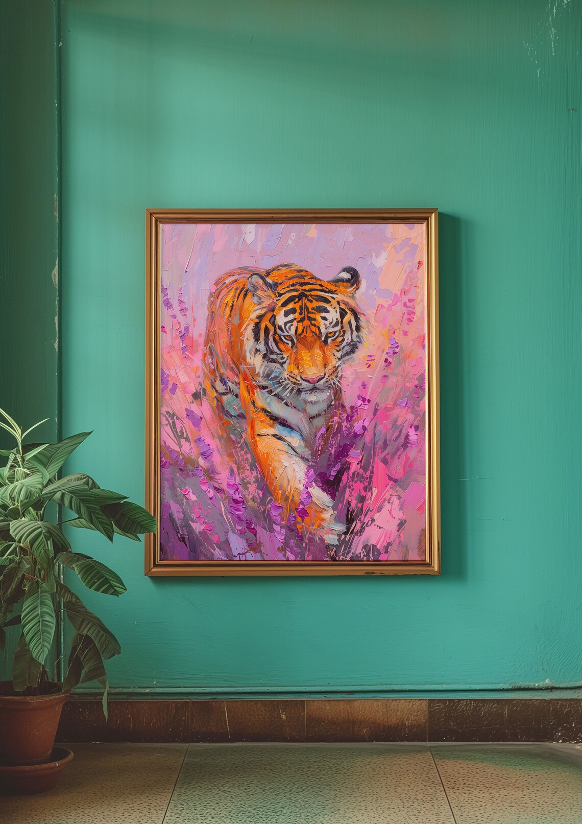 Tiger Pink Blossoms Impasto Oil Painting Wildlife Art Poster - Image 2