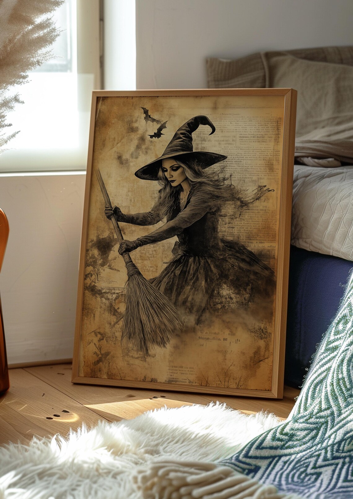Vintage Sepia Witch with Broom and Bats Halloween Art Poster - Image 2